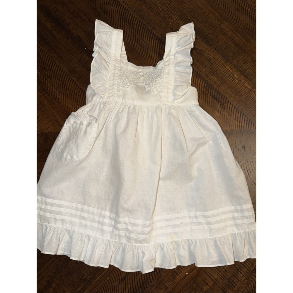 Vintage Paper White Linen Cotton Handmade Embroidered Lace Pinafore Girls 1984